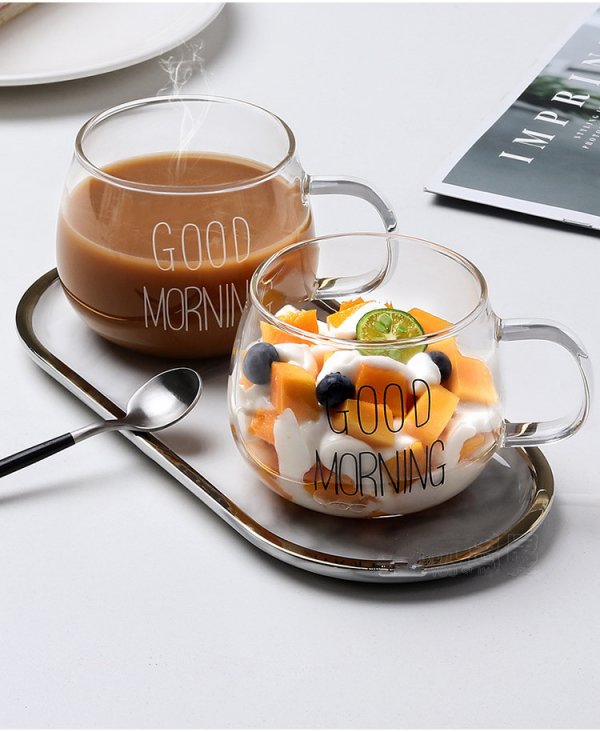 Empty Letter Printing Transparent Tea Juice with Handle Good Morning Milk Coffee Glass Clear Mug Cup